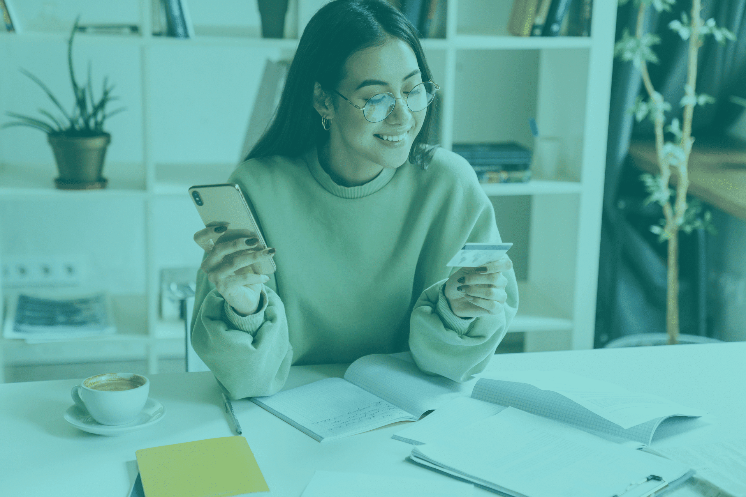 Smiling woman calculating finances