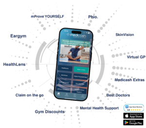 medicash app image with benefit headings and app rating